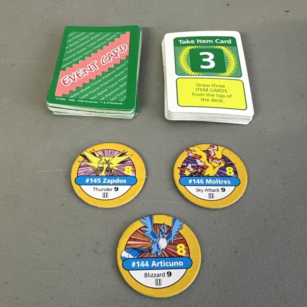 Pokemon 1999 Master Trainer Board Game 3 Yellow Chips 53 Event Cards Parts Y2K